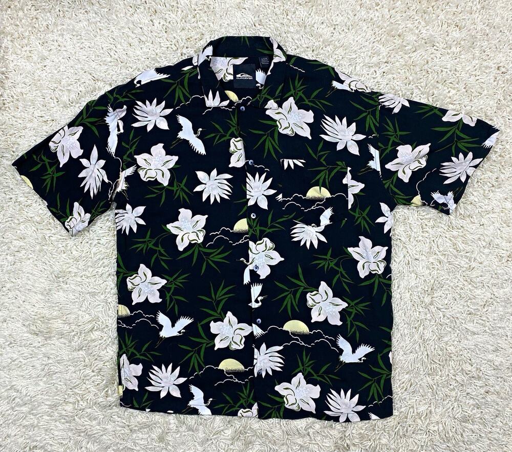 Quiksilver Mens L Black Crane Floral Hawaiian Camp Shirt Viscose Button Up